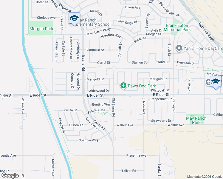 map of restaurants, bars, coffee shops, grocery stores, and more near 3215 Canna Way in Perris