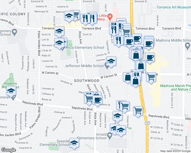 map of restaurants, bars, coffee shops, grocery stores, and more near 4409 West Carson Street in Torrance