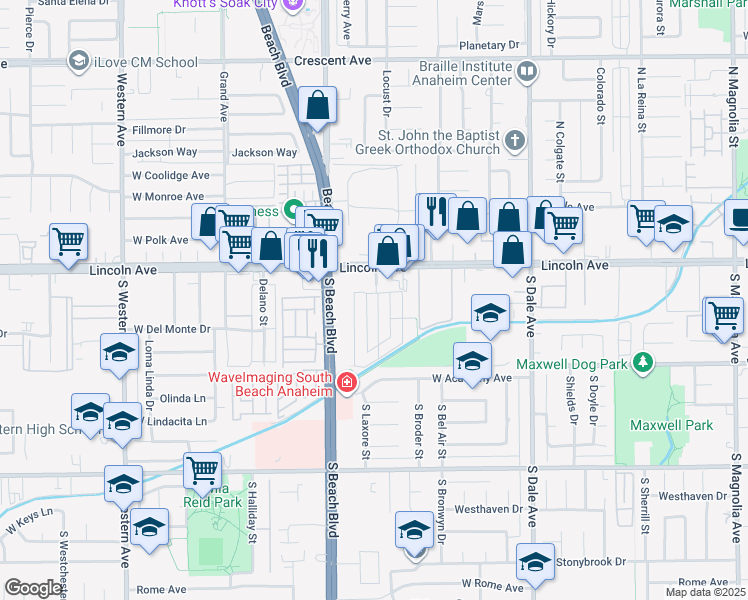 map of restaurants, bars, coffee shops, grocery stores, and more near 124 South Laxore Street in Anaheim