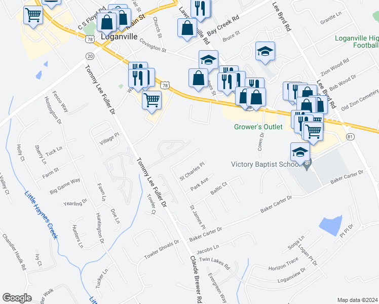 map of restaurants, bars, coffee shops, grocery stores, and more near 1249 Saint James Place in Loganville