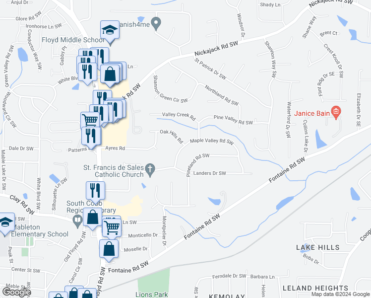 map of restaurants, bars, coffee shops, grocery stores, and more near 5267 Maple Valley Road Southwest in Mableton