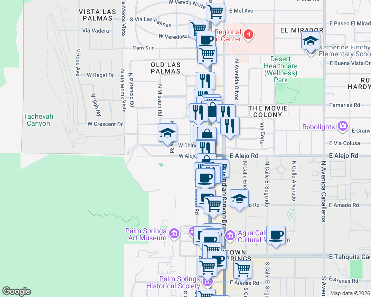 map of restaurants, bars, coffee shops, grocery stores, and more near 535 North Belardo Road in Palm Springs