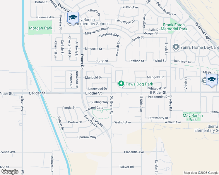 map of restaurants, bars, coffee shops, grocery stores, and more near 3215 Canna Way in Perris