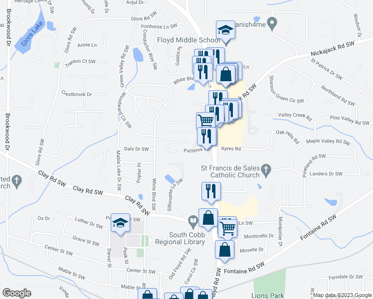 map of restaurants, bars, coffee shops, grocery stores, and more near 766 Patterns Drive in Mableton