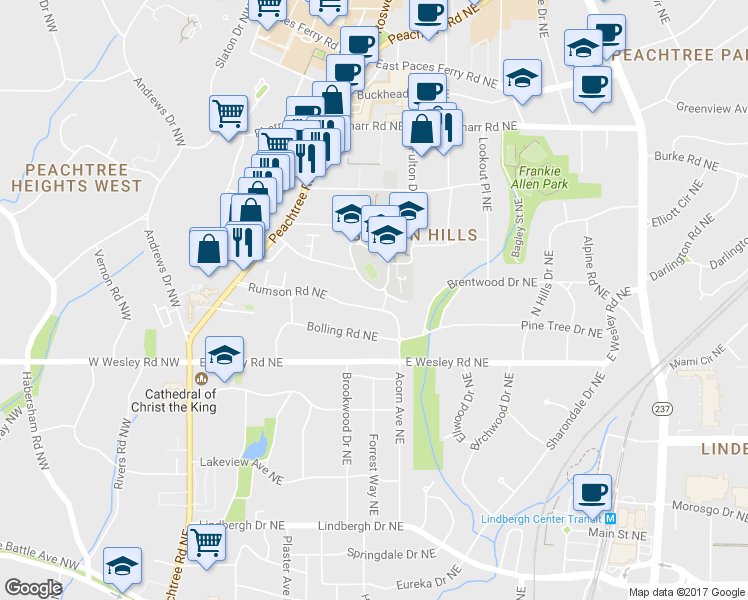map of restaurants, bars, coffee shops, grocery stores, and more near 234 Rumson Road Northeast in Atlanta