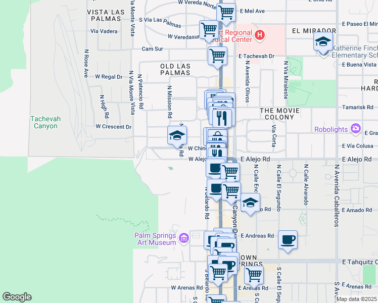 map of restaurants, bars, coffee shops, grocery stores, and more near 500 North Cahuilla Road in Palm Springs