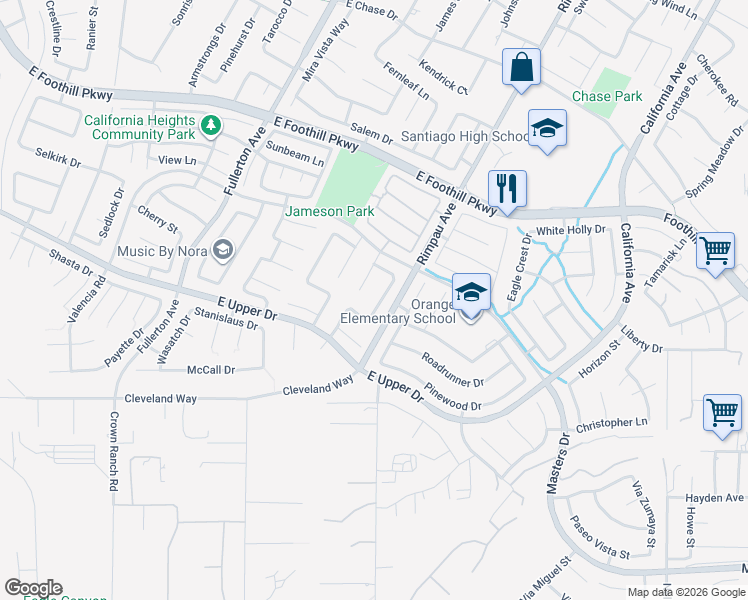 map of restaurants, bars, coffee shops, grocery stores, and more near 3586 Summertree Lane in Corona