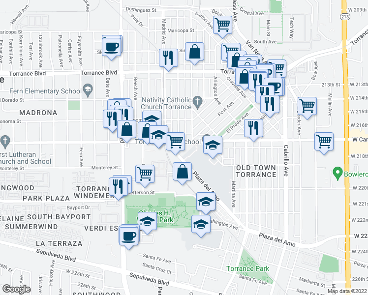 map of restaurants, bars, coffee shops, grocery stores, and more near 2300 West Carson Street in Torrance