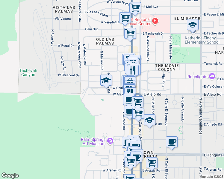 map of restaurants, bars, coffee shops, grocery stores, and more near in Palm Springs