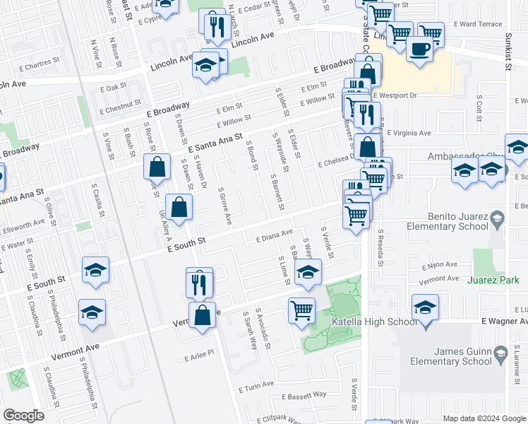 map of restaurants, bars, coffee shops, grocery stores, and more near 1430 East Lambda Place in Anaheim