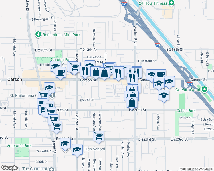map of restaurants, bars, coffee shops, grocery stores, and more near 21726 Grace Avenue in Carson