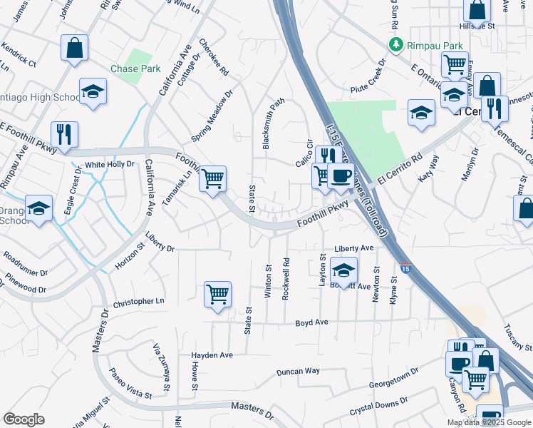 map of restaurants, bars, coffee shops, grocery stores, and more near 2955 Villa Catalonia Court in Corona