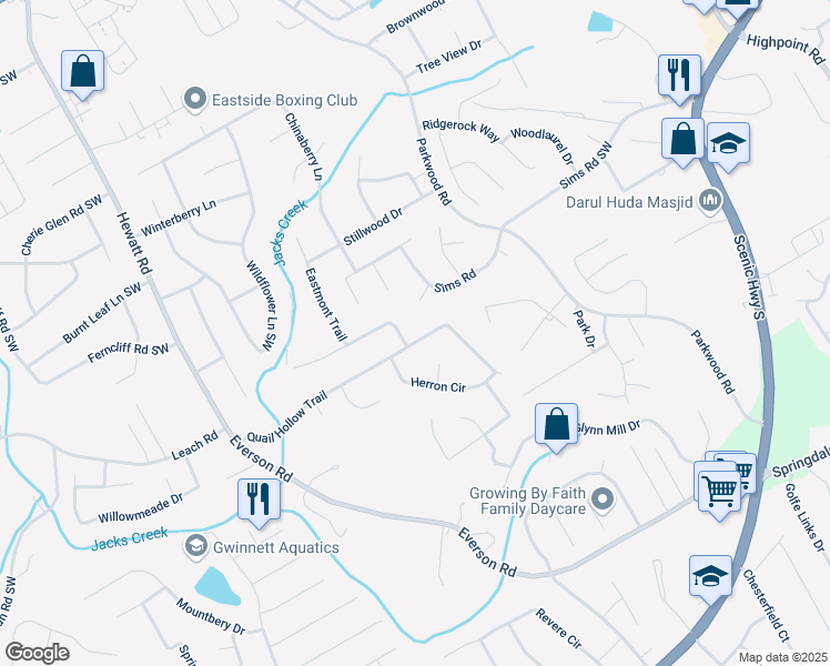map of restaurants, bars, coffee shops, grocery stores, and more near 3521 Quail Hollow Trail in Snellville