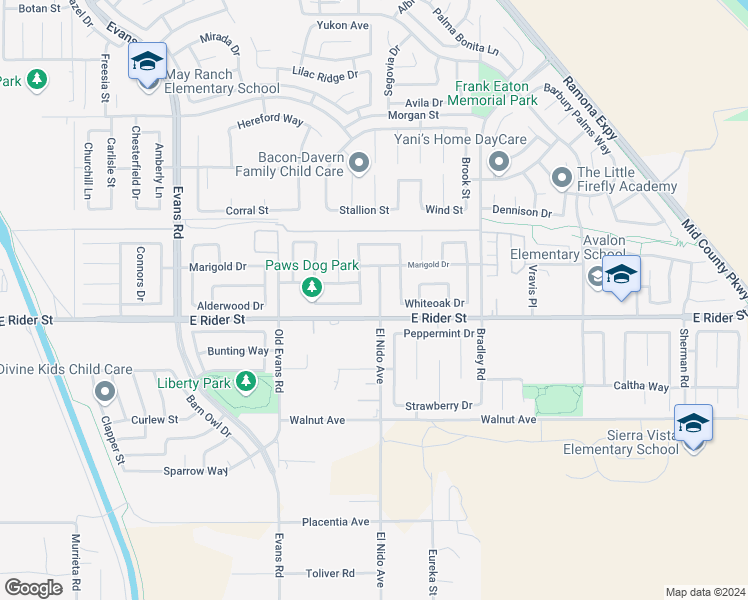 map of restaurants, bars, coffee shops, grocery stores, and more near 3224 El Nido Avenue in Perris