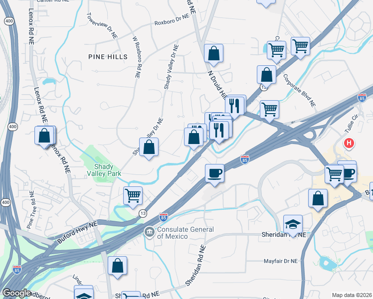 map of restaurants, bars, coffee shops, grocery stores, and more near 1685 Dunwoody Place Northeast in Atlanta