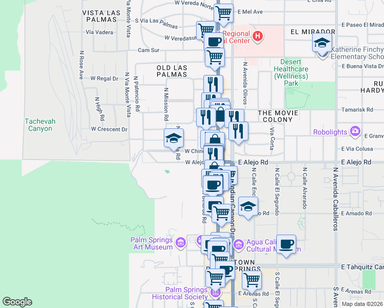 map of restaurants, bars, coffee shops, grocery stores, and more near 535 North Belardo Road in Palm Springs