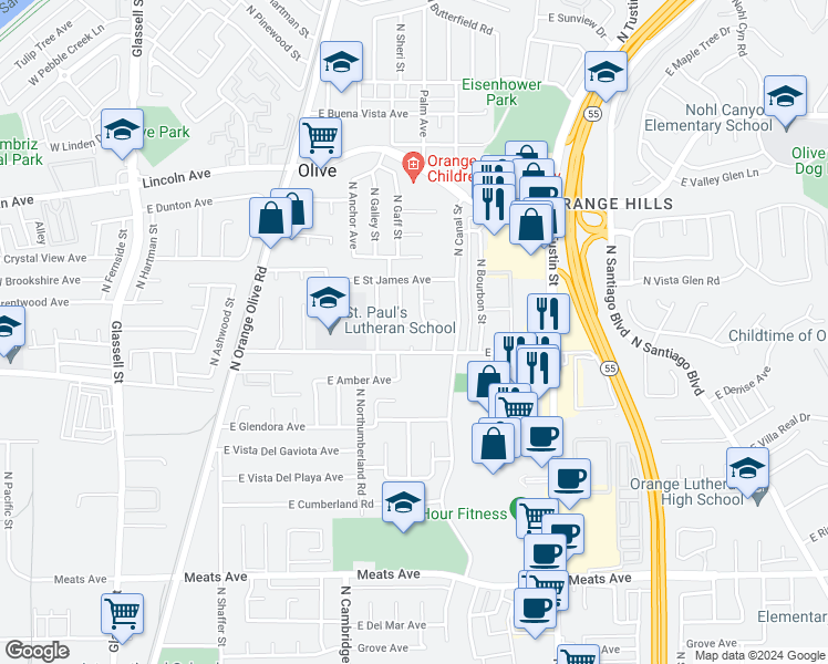 map of restaurants, bars, coffee shops, grocery stores, and more near 1134 East Darby Avenue in Orange