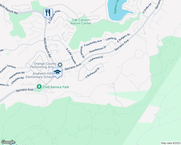 map of restaurants, bars, coffee shops, grocery stores, and more near 1056 South Burlwood Drive in Anaheim