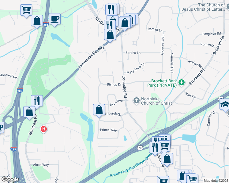 map of restaurants, bars, coffee shops, grocery stores, and more near 1690 Cody Circle in Tucker