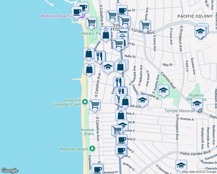 map of restaurants, bars, coffee shops, grocery stores, and more near 702 South Broadway in Redondo Beach