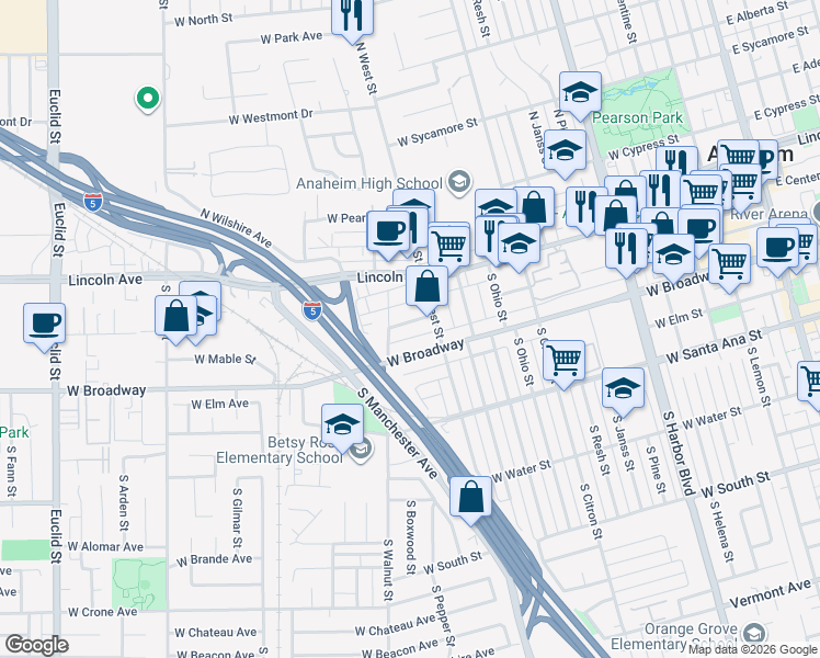 map of restaurants, bars, coffee shops, grocery stores, and more near 1120 West Chestnut Street in Anaheim