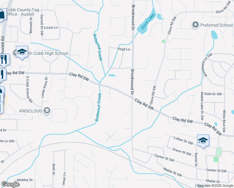map of restaurants, bars, coffee shops, grocery stores, and more near 1397 Clay Road Southwest in Mableton