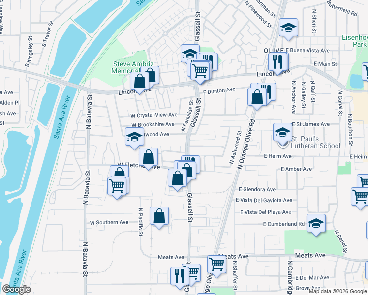 map of restaurants, bars, coffee shops, grocery stores, and more near 2541 Fernside Circle in Orange