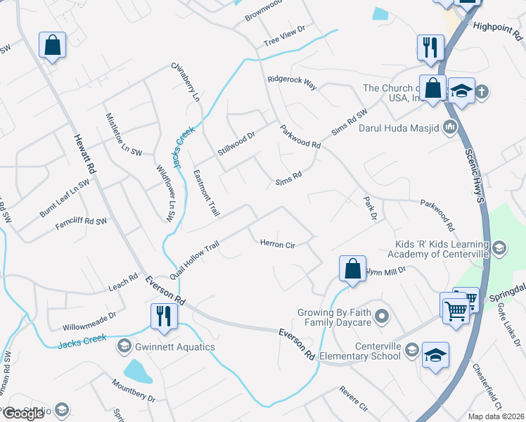 map of restaurants, bars, coffee shops, grocery stores, and more near 3521 Quail Hollow Trail in Snellville