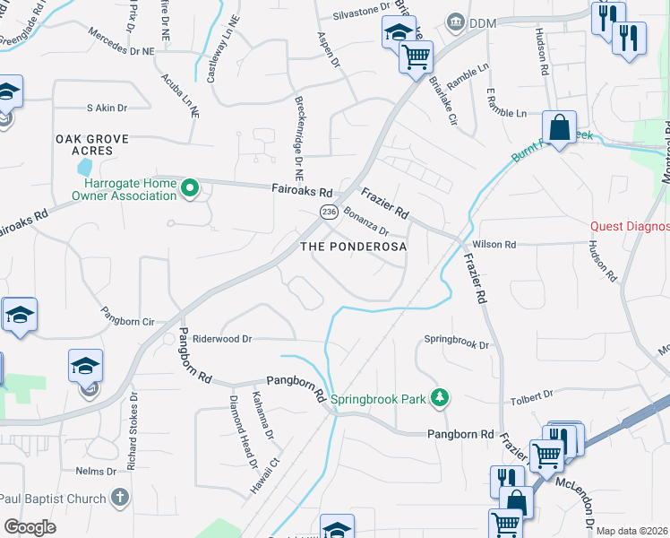 map of restaurants, bars, coffee shops, grocery stores, and more near 2820 Ponderosa Circle in Decatur