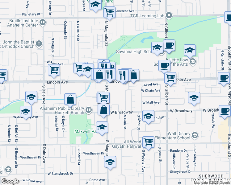 map of restaurants, bars, coffee shops, grocery stores, and more near 134 South Magnolia Avenue in Anaheim