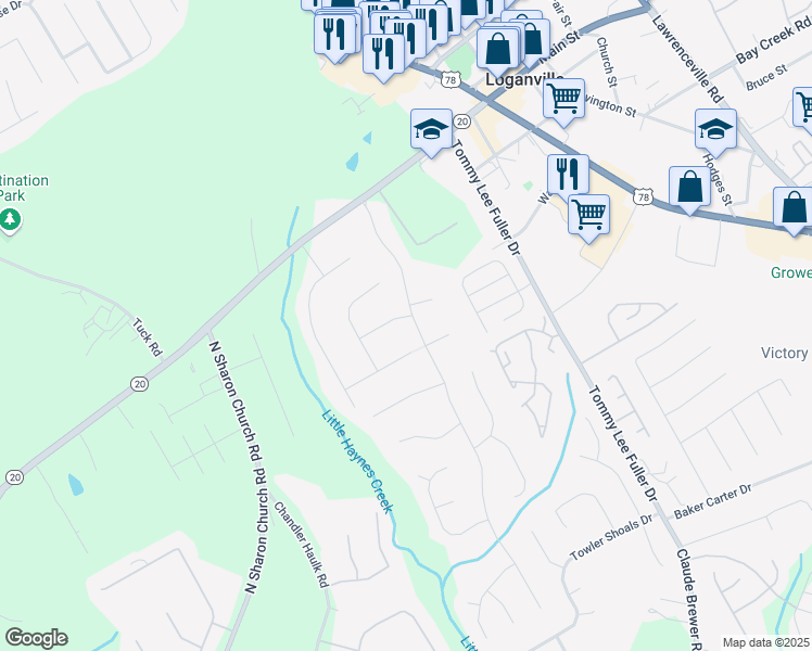 map of restaurants, bars, coffee shops, grocery stores, and more near 2225 Huntington Drive in Loganville