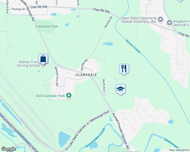 map of restaurants, bars, coffee shops, grocery stores, and more near 3212 Oak Street in Austell