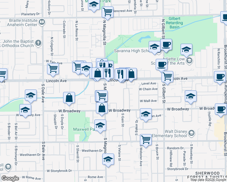 map of restaurants, bars, coffee shops, grocery stores, and more near 134 South Magnolia Street in Anaheim