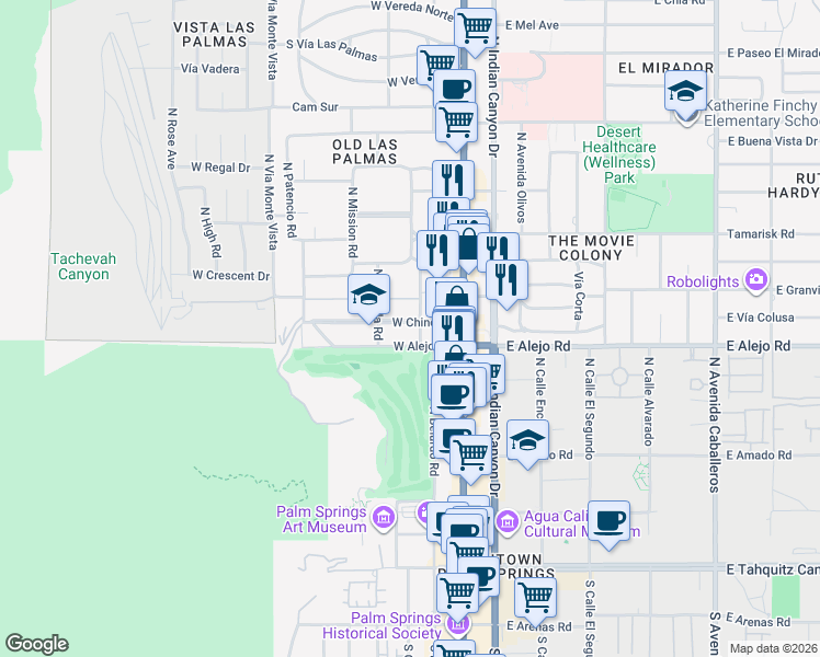 map of restaurants, bars, coffee shops, grocery stores, and more near 535 Belardo Road in Palm Springs
