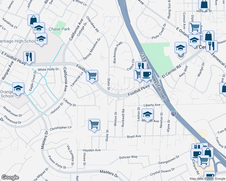 map of restaurants, bars, coffee shops, grocery stores, and more near 2932 Villa Catalonia Court in Corona