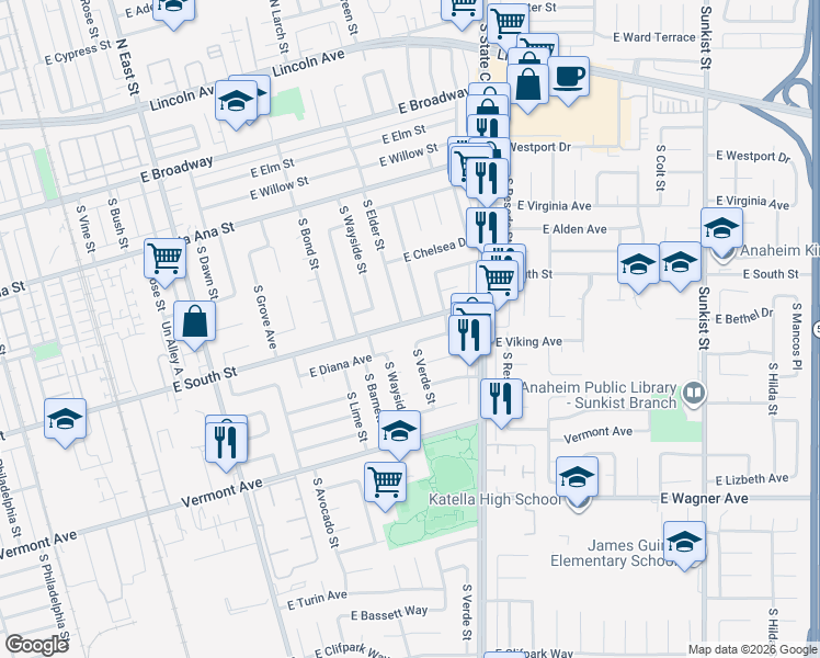 map of restaurants, bars, coffee shops, grocery stores, and more near 725 South Elder Street in Anaheim