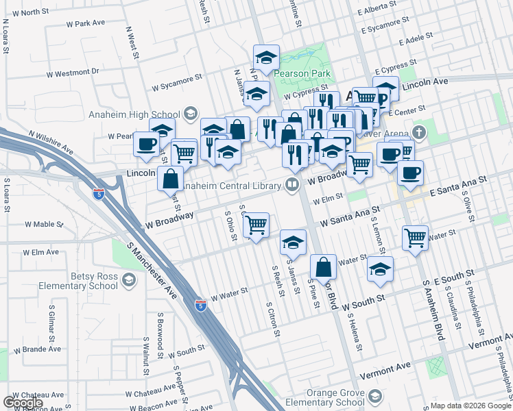 map of restaurants, bars, coffee shops, grocery stores, and more near 620 West Broadway in Anaheim