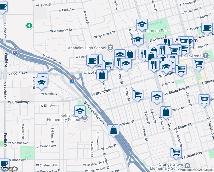 map of restaurants, bars, coffee shops, grocery stores, and more near 217 South Illinois Street in Anaheim