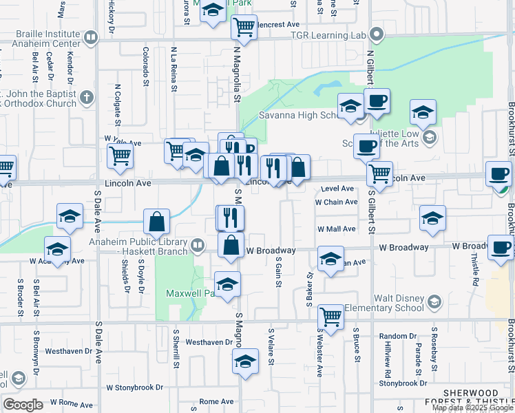 map of restaurants, bars, coffee shops, grocery stores, and more near 134 South Magnolia Avenue in Anaheim