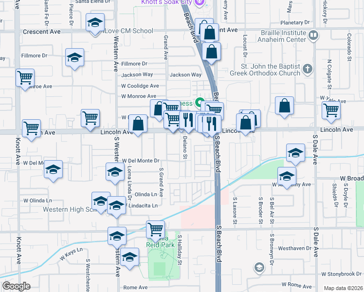 map of restaurants, bars, coffee shops, grocery stores, and more near 118 Delano Street in Anaheim