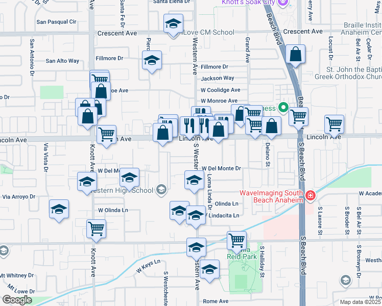map of restaurants, bars, coffee shops, grocery stores, and more near 106 South Western Avenue in Anaheim