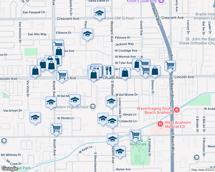 map of restaurants, bars, coffee shops, grocery stores, and more near 3221 West Cabot Drive in Anaheim