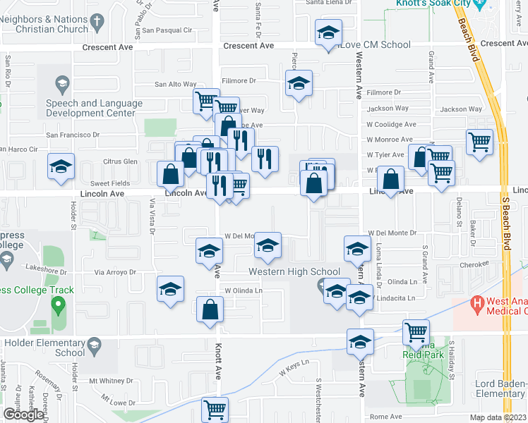 map of restaurants, bars, coffee shops, grocery stores, and more near 3360 West Lincoln Avenue in Anaheim