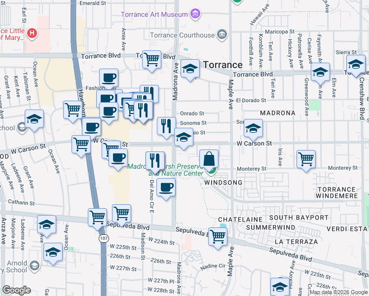 map of restaurants, bars, coffee shops, grocery stores, and more near 3316 West Carson Street in Torrance
