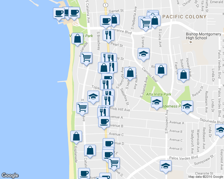 map of restaurants, bars, coffee shops, grocery stores, and more near 624 South Pacific Coast Highway in Redondo Beach