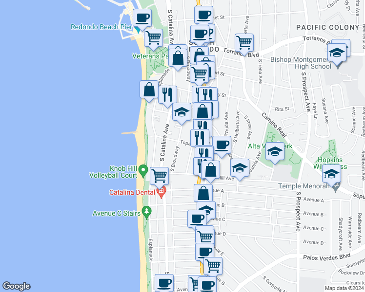 map of restaurants, bars, coffee shops, grocery stores, and more near 702 South Broadway in Redondo Beach