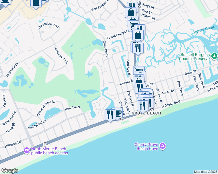 map of restaurants, bars, coffee shops, grocery stores, and more near 1900J Duffy Street in North Myrtle Beach