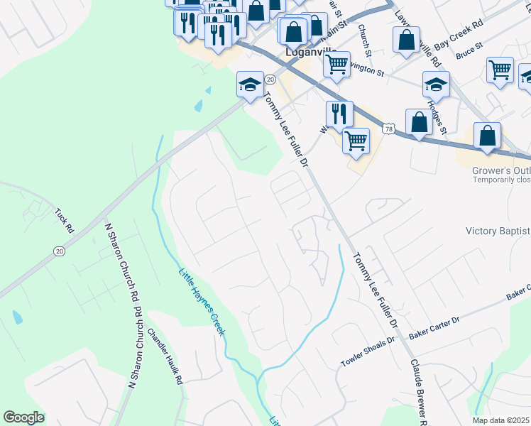 map of restaurants, bars, coffee shops, grocery stores, and more near 230 Buck Run in Loganville
