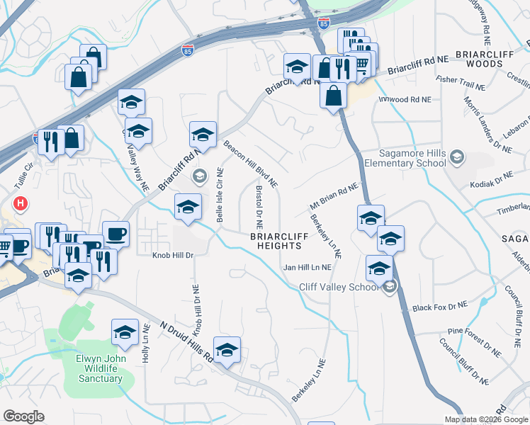 map of restaurants, bars, coffee shops, grocery stores, and more near 1686 Bristol Drive Northeast in Atlanta