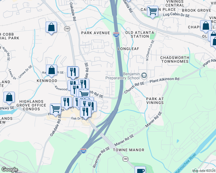 map of restaurants, bars, coffee shops, grocery stores, and more near 2344 Whiteoak Lane in Smyrna